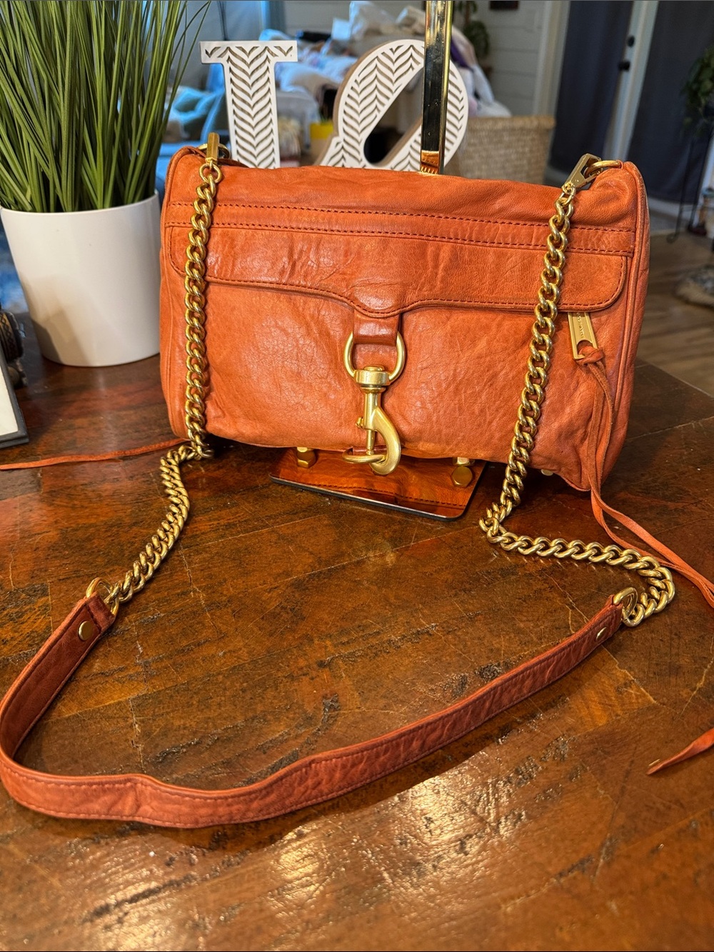 Rebecca Minkoff Orange Leather Mini MAC Crossbody with Gold Chain